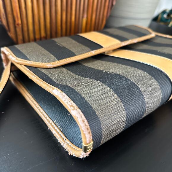 FENDI VTG 80s Pequin Stripe Cognac Saddle Flap Shoulder Bag Convertible Clutch - Picture 8 of 16
